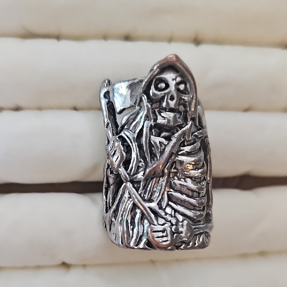 Ring Reaper Hooded Skeleton Holding Scythe Silver Biker Grim Reaper 7.5 #1897